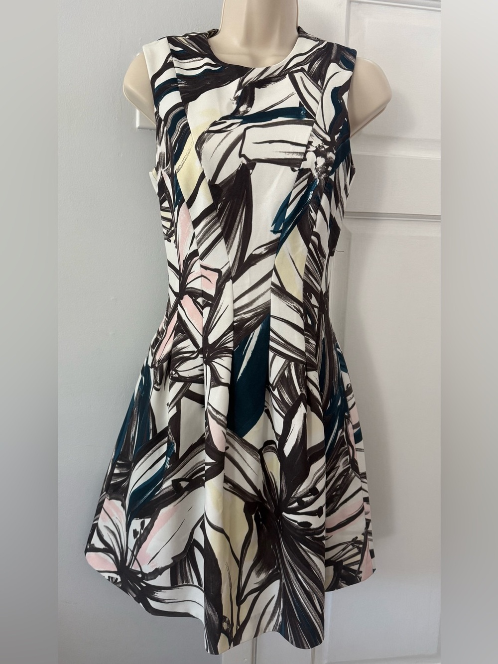 H&M White Floral Mini Dress with Black, Teal & Pink Accents